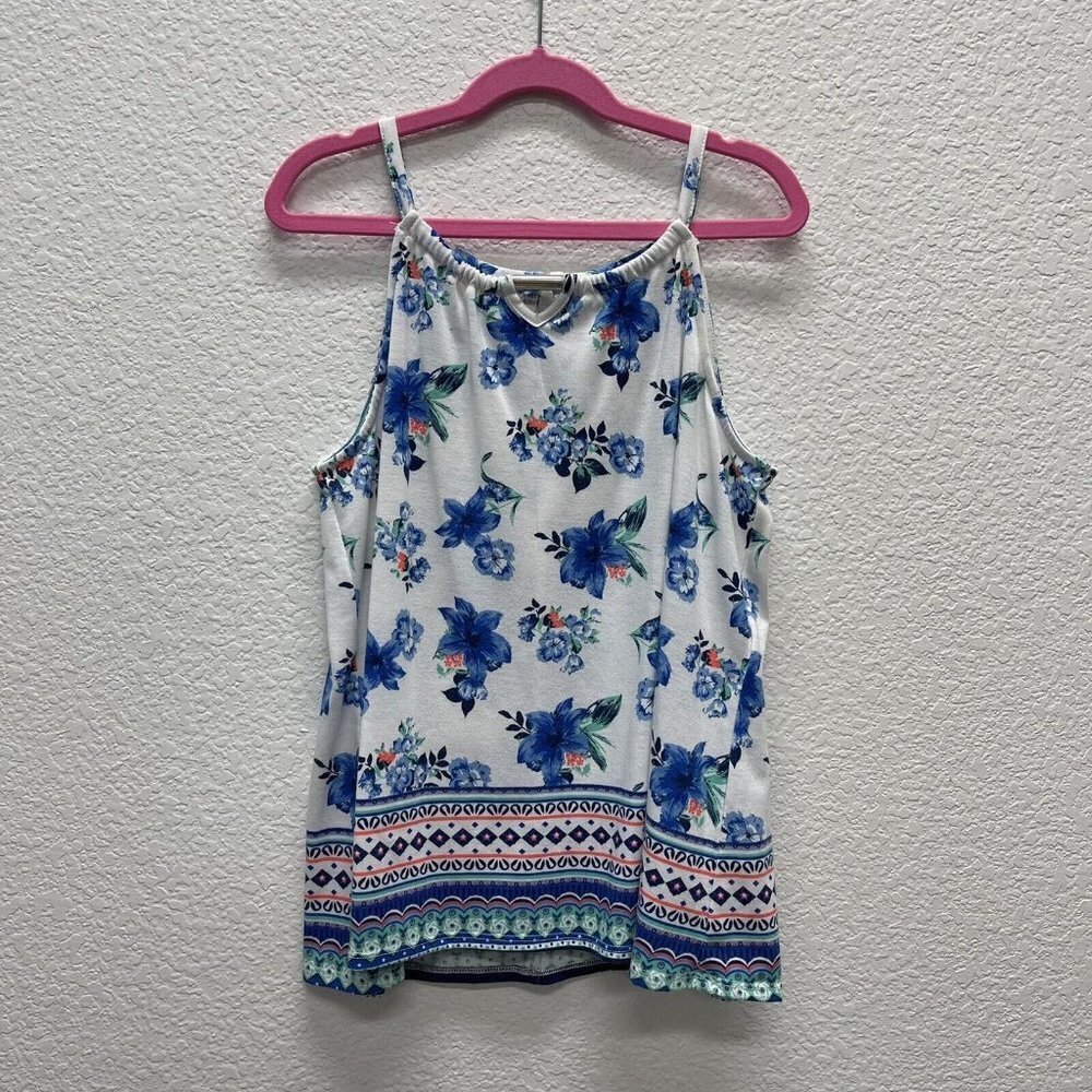 Girls XL Jolt Top Metal Accent Tank Top Sleeveless Blue Floral Green Whimsical